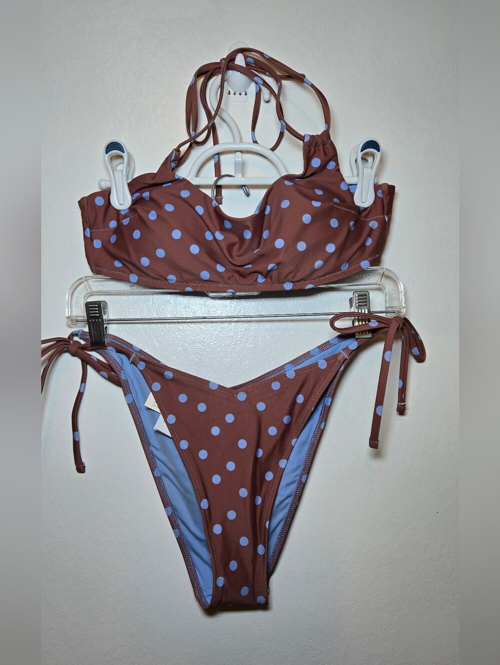 NWT Aerie Bikini Set Size Medium Cheeky Brown Blue Polka Dot